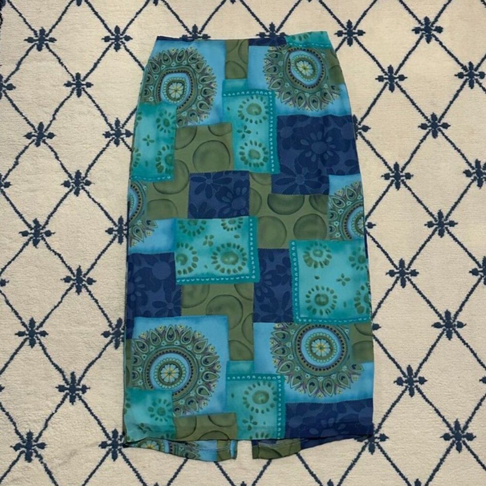 Clio Vintage Y2K Patchwork Split Hem Midi Skirt - Blue/Green